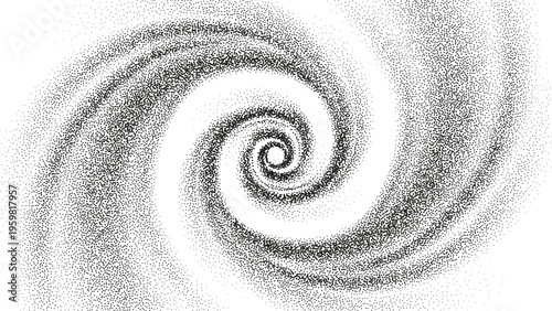 Abstract dotted grainy gradient vortex flow. Vector gritty spirals with optical illusion. Tunnel with black stipple texture effect. Swirl of gritty pattern made by black points or particles.