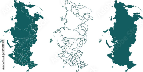 Set of three eurasia maps including solid silhouette outline and detailed regional borders