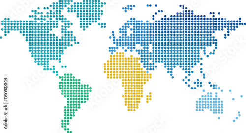 Colorful dotted world map illustration featuring different continents in vibrant shades