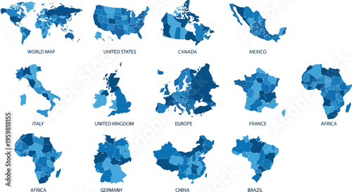 Collection of blue faceted maps of the world, continents and major countries on white background.