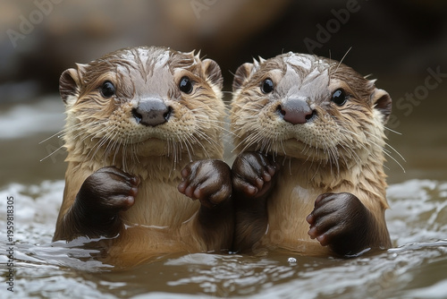 otters swimming playfully in the water.