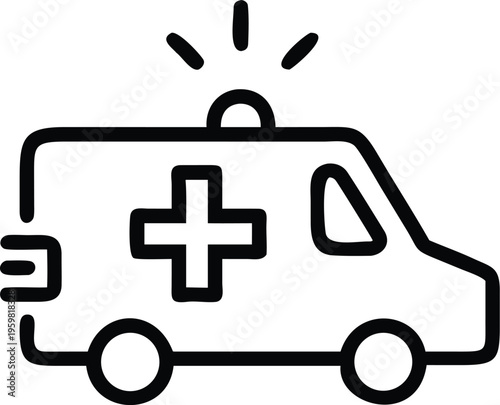 A simple black and white line drawing depicts an ambulance with a prominent medical cross and a rotating beacon on top high quality professional detailed modern