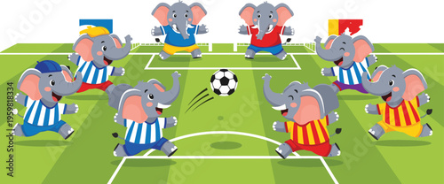 Cute elephants playing soccer on field, cartoon vector illustration of animal team football match with colorful uniforms