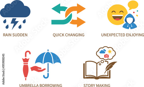 A collection of icons representing different concepts like sudden rain, quick changes, unexpected enjoyment, umbrella borrowing, and story making.