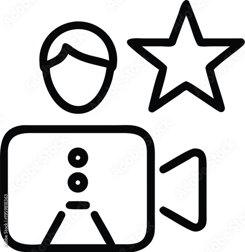 A simple black and white line drawing depicts a person s head a star and a video camera recording suggesting content creation high quality professional detailed