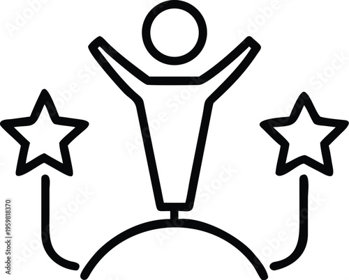 A simple black and white line drawing depicts a person with arms raised in celebration flanked by two stars high quality professional detailed modern elegant stylish