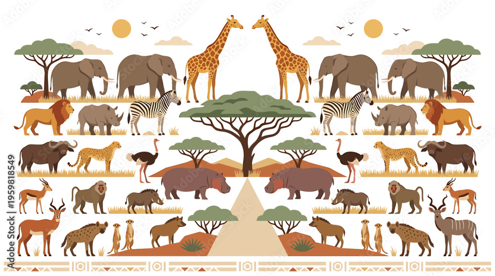 Obraz premium African Safari Animals Collection: Elephants, Giraffes, Lions, Hippos, Zebras, and More in Savanna Landscape