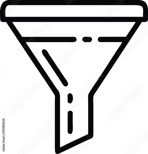 A simple black and white line drawing depicts a funnel commonly used for filtering or pouring liquids or granules high quality professional detailed modern elegant stylish