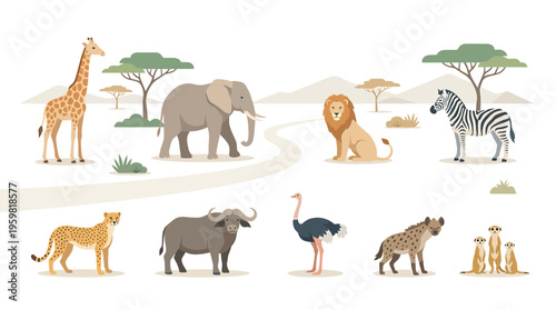 African Safari Animals Collection: Giraffe, Elephant, Lion, Zebra, Buffalo, Cheetah, Hyena, Ostrich, Meerkat
