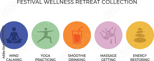 Festival Wellness Retreat Collection features mind calming, yoga practicing, smoothie drinking, massage getting, and energy restoring.