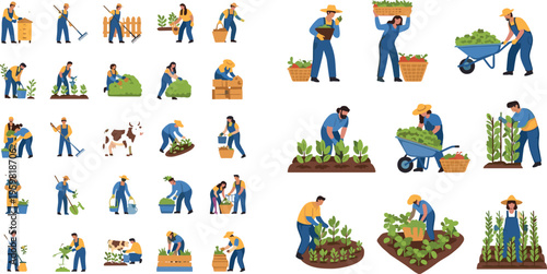 Farmers Working in the Field with Planting, Harvesting, and Transporting Crops in a Vector Illustration Set
