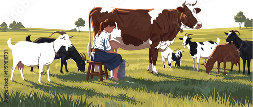 Farmer milking cow in pasture with goats grazing, vector illustration of rural dairy farming and countryside livestock scene