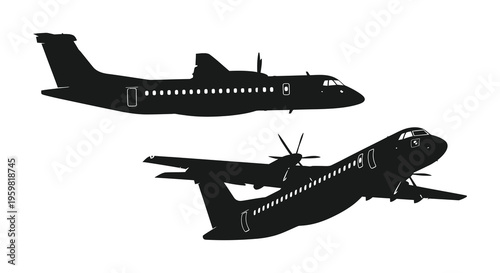 Two regional turboprop airplanes depicted in a dark silhouette