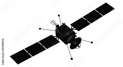 Black silhouette of a satellite with large solar panels extended in space