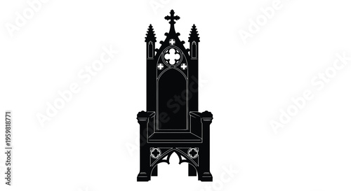 An ornate black silhouette of a gothic throne chair on white