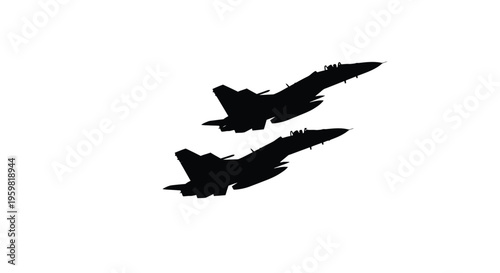 Silhouette of two fighter jets soaring against a bright white sky