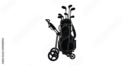Black silhouette of golf clubs in a bag with a push cart