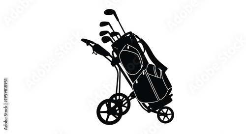 A black silhouette of golf clubs in a bag with a wheeled cart