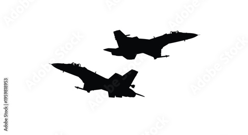 Two fighter jets in silhouette against a bright white background