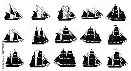 Collection of vintage sailing ships in a striking black silhouette