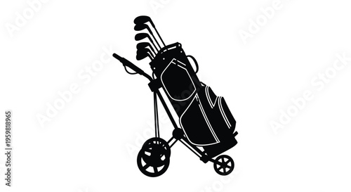 A black silhouette of golf clubs in a bag with a wheeled cart