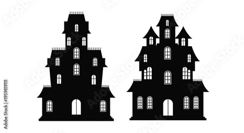 Two spooky haunted houses in a black silhouette style