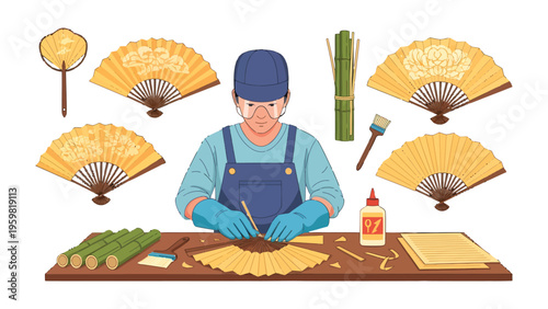 Crafting Cultural Elegance: A skilled artisan meticulously crafts an exquisite fan, surrounded by tools and materials, embodying the art of traditional craftsmanship.