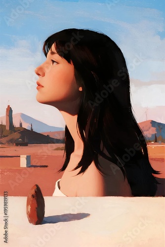 Serene Profile of a Young Woman Against a Tranquil Landscape