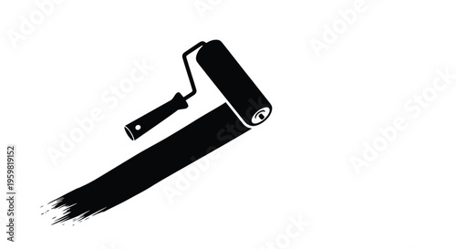 A black paint roller leaving a trail of paint on a white background