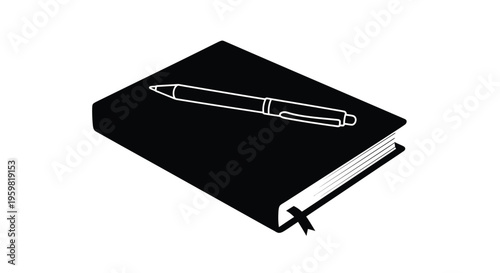 A black and white illustration of a closed notebook with a pen