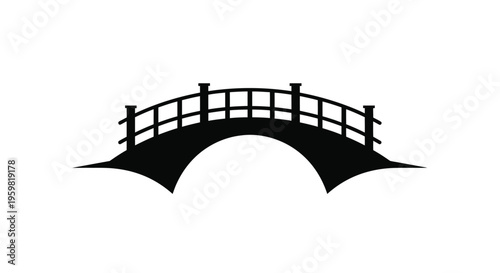Simple black silhouette of a curved bridge with a railing structure