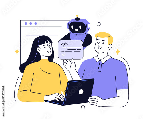 Developers team working with AI digital coworker and writing code on laptop. AI pair programming, code review. Vector doodle illustration.
