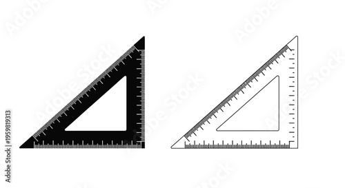 Two triangular drafting tools one black and one white displayed side by side