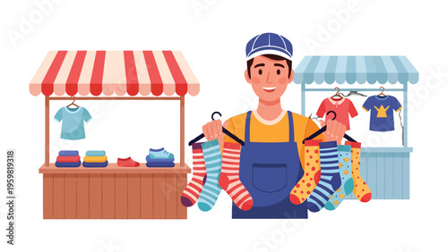 Market stall holder: A smiling stallholder stands proudly in front of their stall, showcasing a vibrant display of apparel. The scene radiates the essence of commerce and interaction.