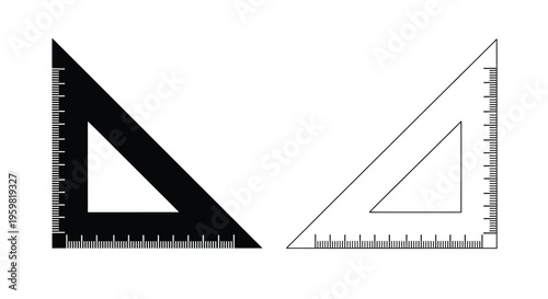 Two triangular rulers one black and one white with measurement scales