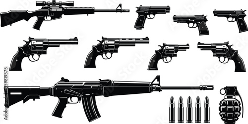 Vector black and white firearm collection featuring assault rifles, handguns, revolvers, sniper scope, bullets, and hand grenade isolated on white background