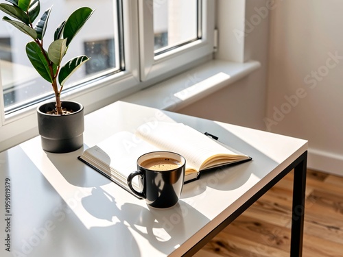 Cozy Workspace with Coffee Mug, Open Notebook, and Potted Plant