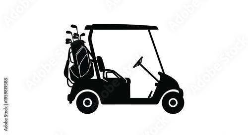 Black silhouette of a golf cart with clubs viewed from the side