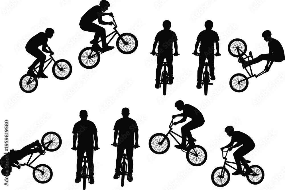 Fototapeta premium BMX rider silhouettes collection showing bicycle tricks, stunts, jumps, flips, freestyle motion, extreme sports action, athletic training, competition lifestyle illustration pack
