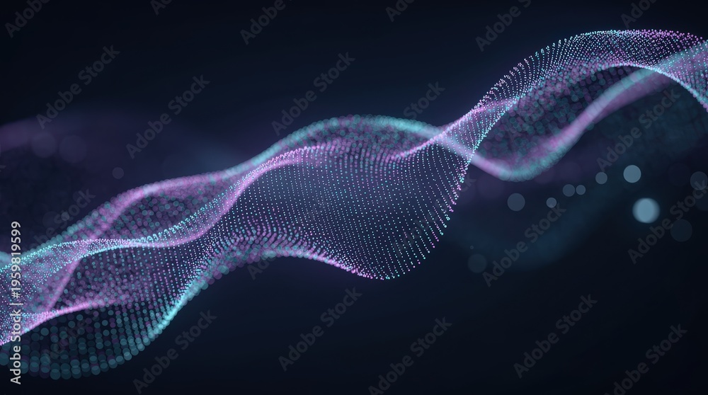 Fototapeta premium Abstract visualization of a flowing, colorful, dotted wave pattern on a dark background representing digital data or energy flow.