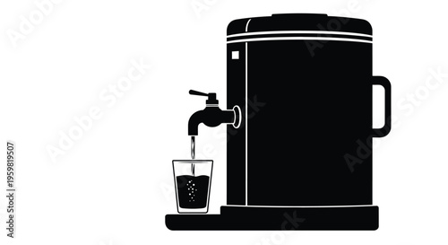 Black and white illustration of a water cooler dispensing into a glass