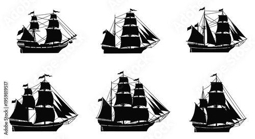 Collection of historic sailing ships in black shapes a dramatic silhouette