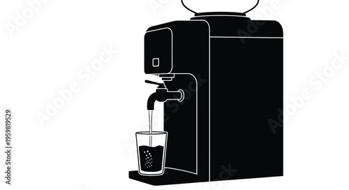 Black and white illustration of a water cooler dispensing into a glass
