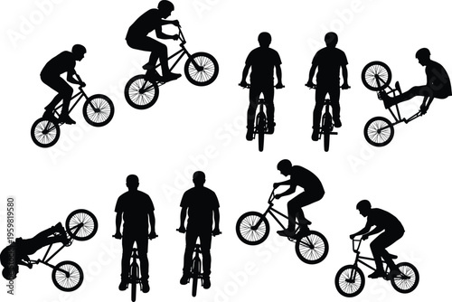 BMX rider silhouettes collection showing bicycle tricks, stunts, jumps, flips, freestyle motion, extreme sports action, athletic training, competition lifestyle illustration pack