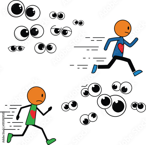 Business people running away from surveillance eyes symbolizing fear, privacy invasion, data tracking, cybersecurity risk, monitoring, digital anxiety, identity protection, escape concept