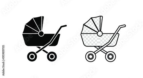 Two black and white illustrations of a baby stroller or pram