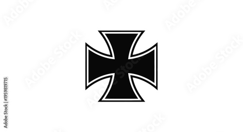 A stark white background features a bold black iron cross symbol