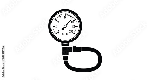 Simple black and white illustration of a pressure gauge with attached hose
