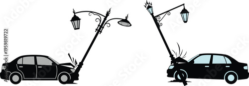 Car crash collision with street lights symbolizing traffic accident, road safety risk, insurance claim, damage, urban driving hazard, emergency, transportation incident concept