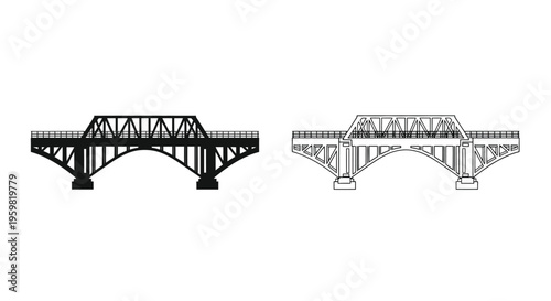 Detailed illustrations of a metal truss bridge design side and perspective views
